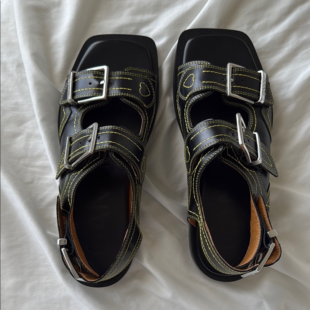 Ganni Black Sandals with Yellow Contrast Stitching